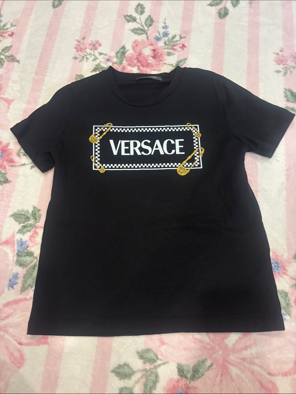 Boys Versace Black Tee with Gold Safety Pin Detail